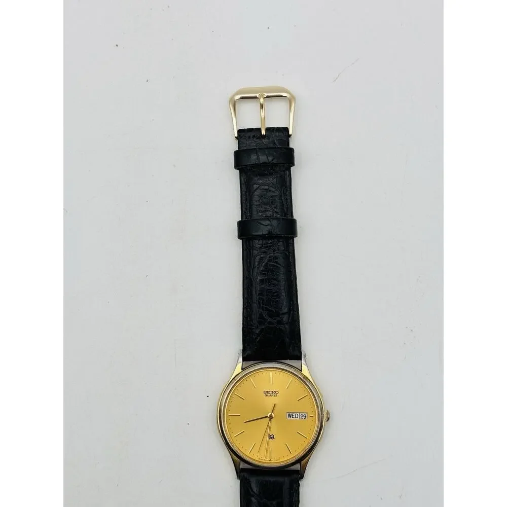Seiko SQ Watch Men 33mm Gold Dial Gold Tone Daydate Round 5H23-7B09 New Battery